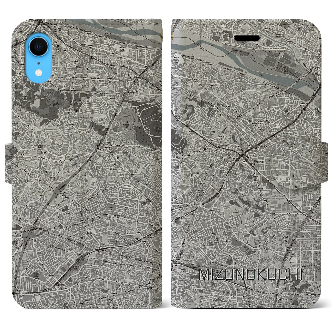 【溝の口(神奈川県)】地図柄iPhoneケース(手帳タイプ)モノトーン・iPhone XR 用