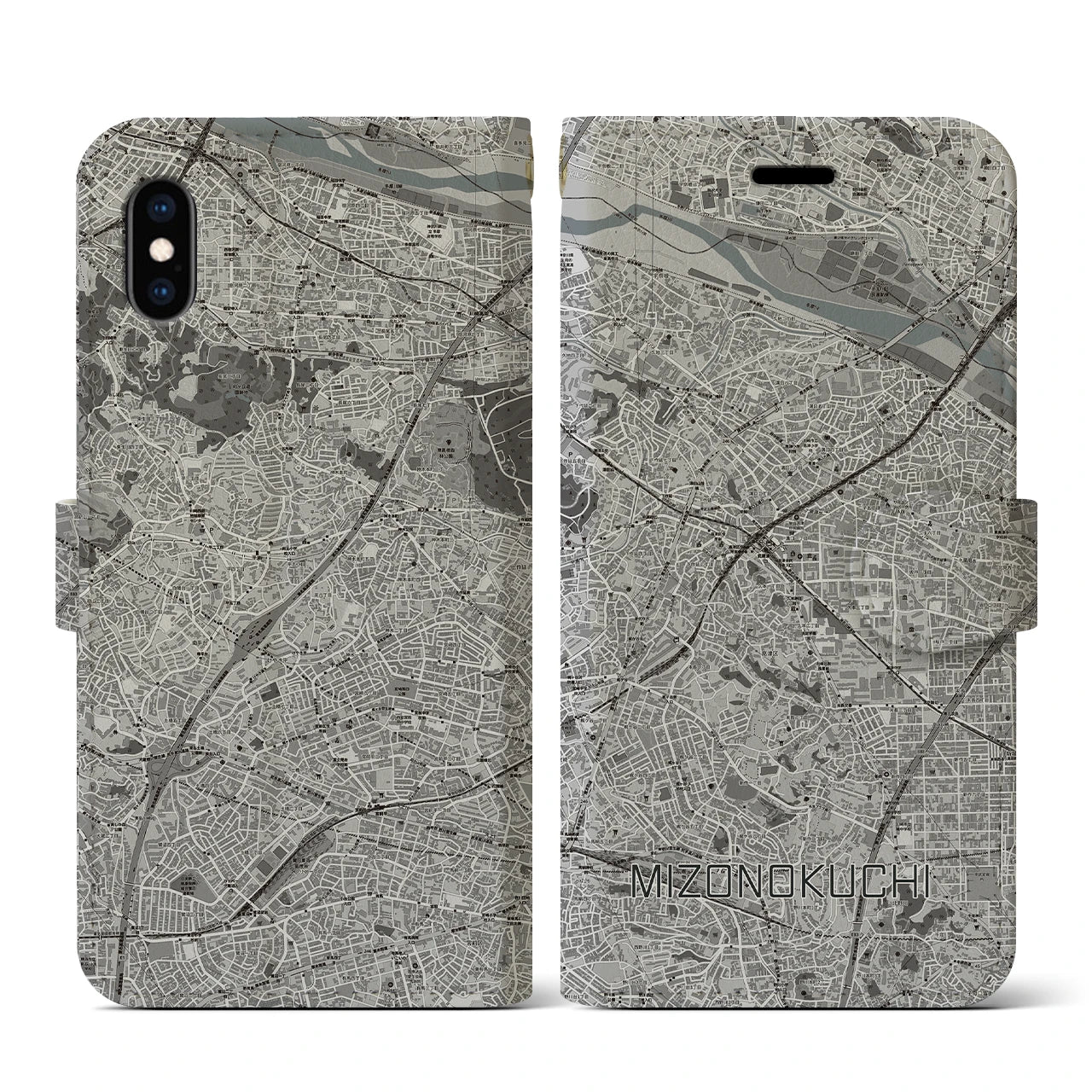 【溝の口(神奈川県)】地図柄iPhoneケース(手帳タイプ)モノトーン・iPhone XS / X 用