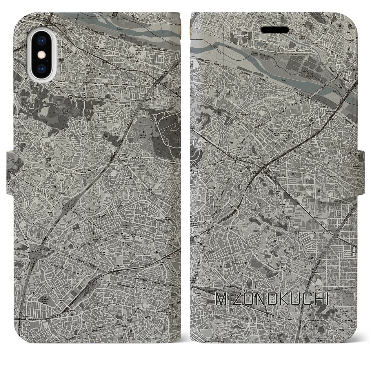 【溝の口(神奈川県)】地図柄iPhoneケース(手帳タイプ)モノトーン・iPhone XS Max 用
