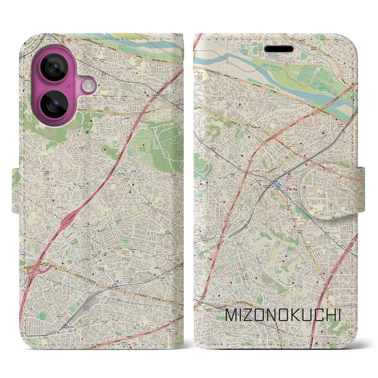 【溝の口(神奈川県)】地図柄iPhoneケース(手帳タイプ)ナチュラル・iPhone 16 Pro 用