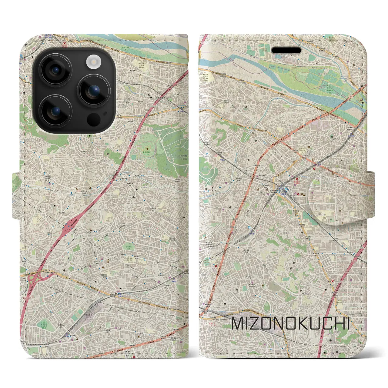 【溝の口(神奈川県)】地図柄iPhoneケース(手帳タイプ)ナチュラル・iPhone 16 用