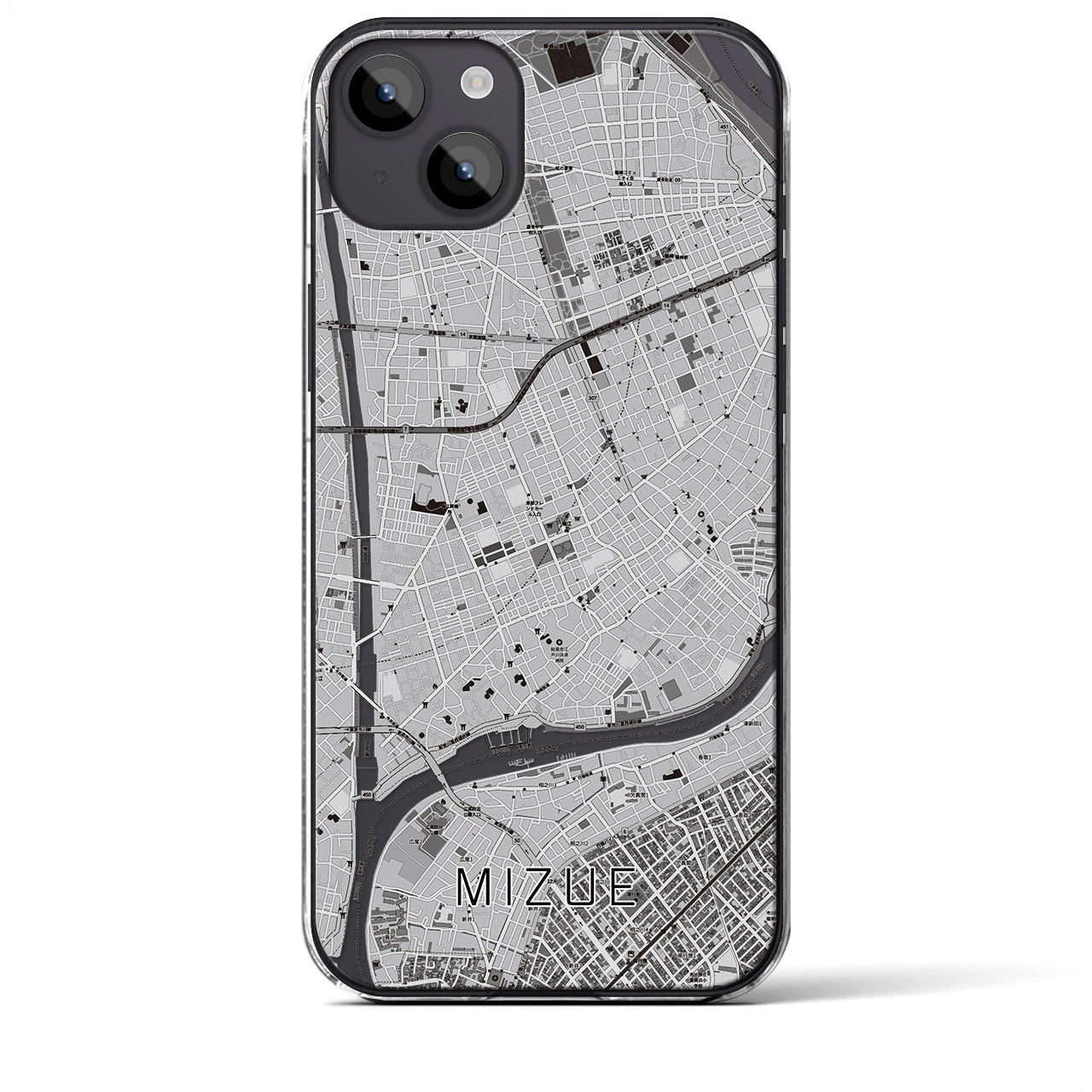 【瑞江(東京都)】地図柄iPhoneケース(クリアタイプ)モノトーン・iPhone 14 Plus 用