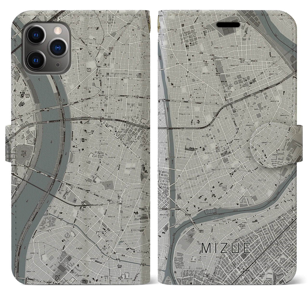 【瑞江(東京都)】地図柄iPhoneケース(手帳タイプ)モノトーン・iPhone 11 Pro Max 用