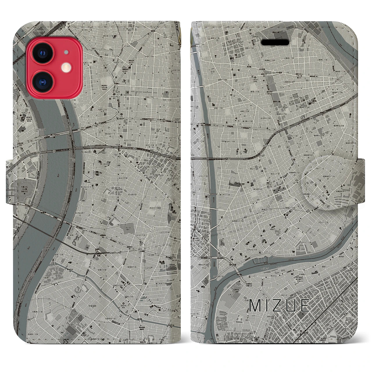 【瑞江(東京都)】地図柄iPhoneケース(手帳タイプ)モノトーン・iPhone 11 用