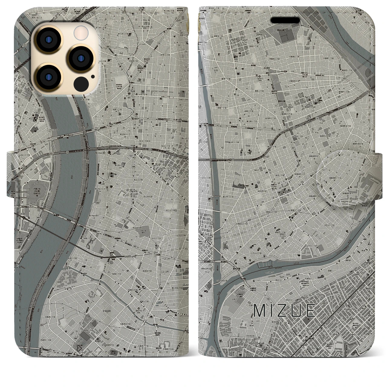 【瑞江(東京都)】地図柄iPhoneケース(手帳タイプ)モノトーン・iPhone 12 Pro Max 用