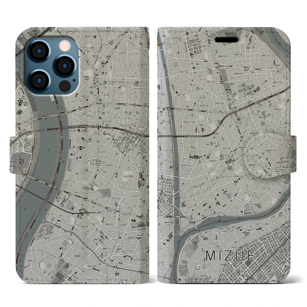 【瑞江(東京都)】地図柄iPhoneケース(手帳タイプ)モノトーン・iPhone 12 / 12 Pro 用