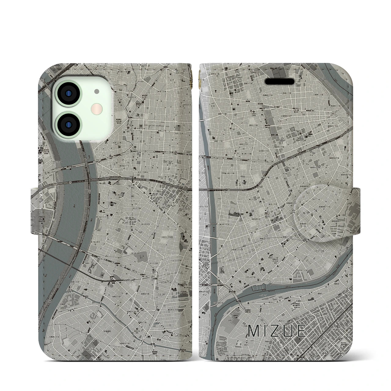 【瑞江(東京都)】地図柄iPhoneケース(手帳タイプ)モノトーン・iPhone 12 mini 用