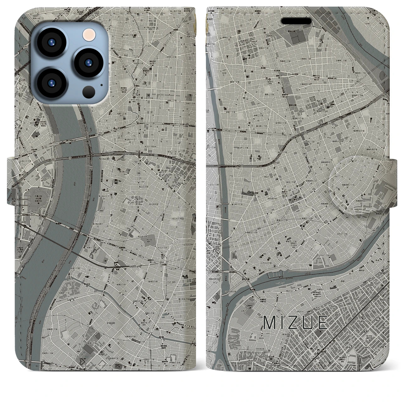 【瑞江(東京都)】地図柄iPhoneケース(手帳タイプ)モノトーン・iPhone 13 Pro Max 用