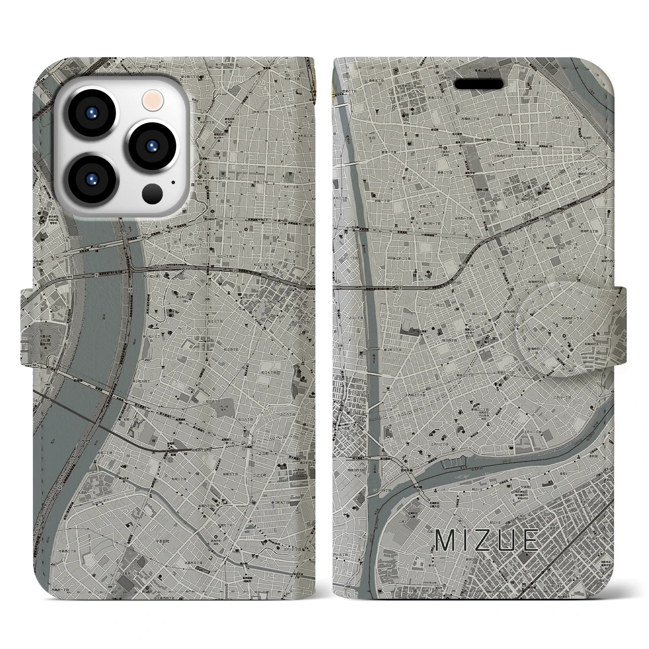 【瑞江(東京都)】地図柄iPhoneケース(手帳タイプ)モノトーン・iPhone 13 Pro 用