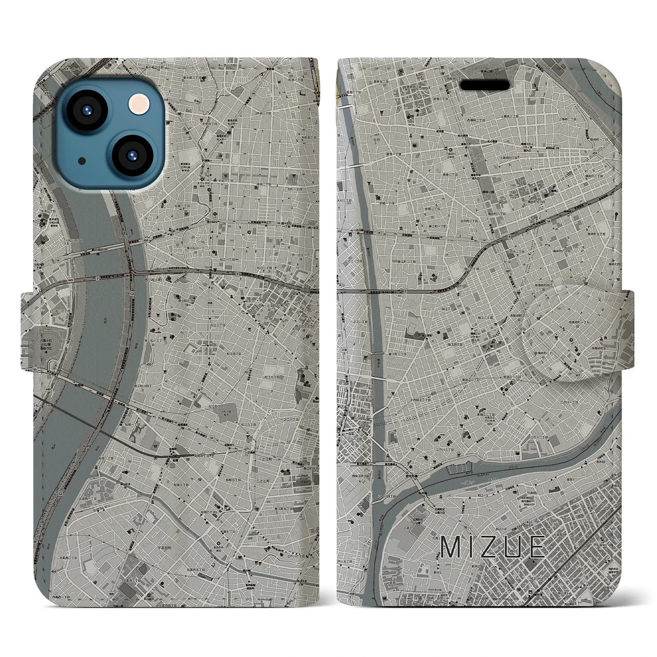 【瑞江(東京都)】地図柄iPhoneケース(手帳タイプ)モノトーン・iPhone 13 用