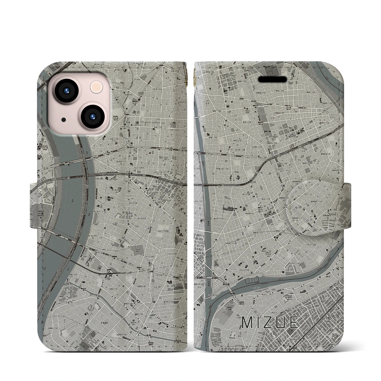 【瑞江(東京都)】地図柄iPhoneケース(手帳タイプ)モノトーン・iPhone 13 mini 用