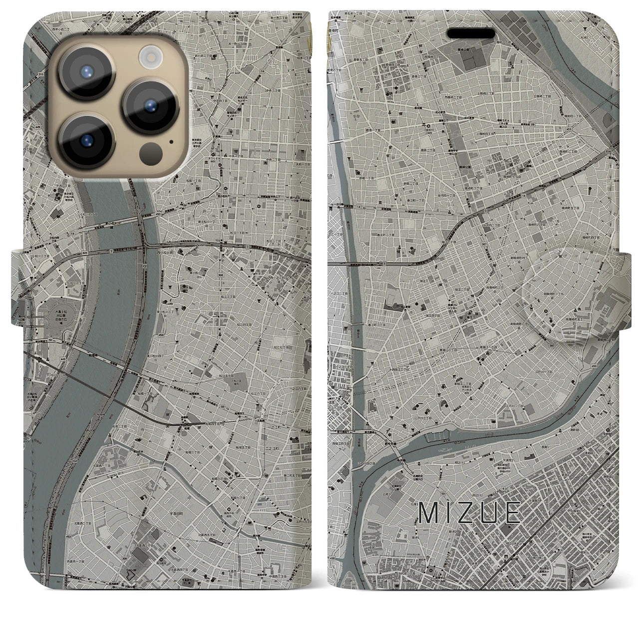 【瑞江(東京都)】地図柄iPhoneケース(手帳タイプ)モノトーン・iPhone 14 Pro Max 用