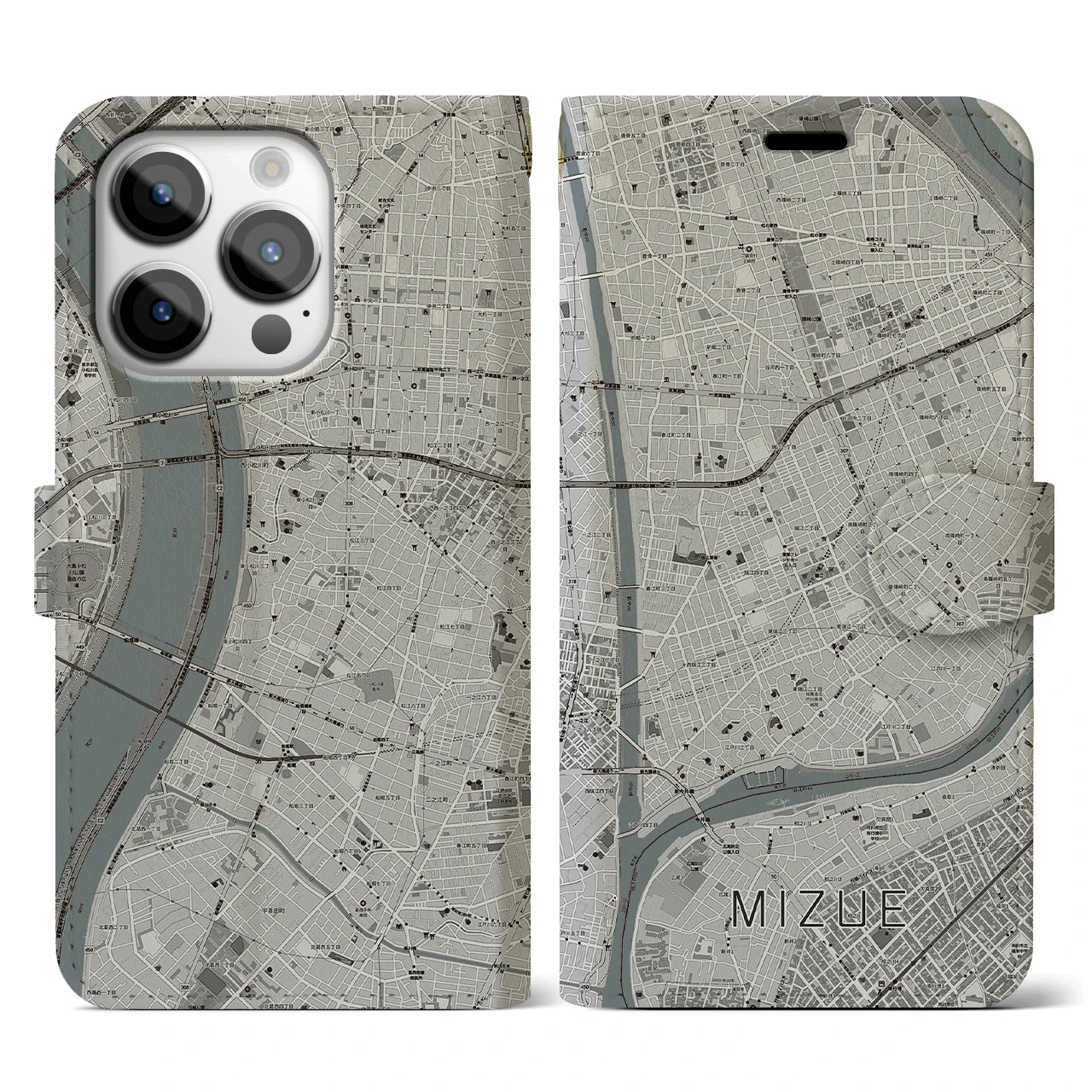 【瑞江(東京都)】地図柄iPhoneケース(手帳タイプ)モノトーン・iPhone 14 Pro 用