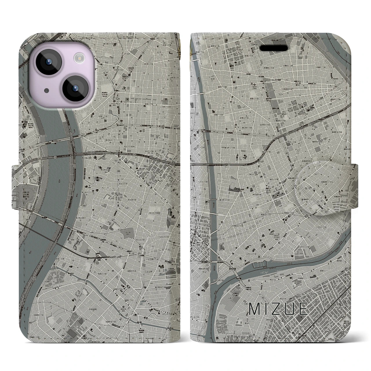 【瑞江(東京都)】地図柄iPhoneケース(手帳タイプ)モノトーン・iPhone 14 用