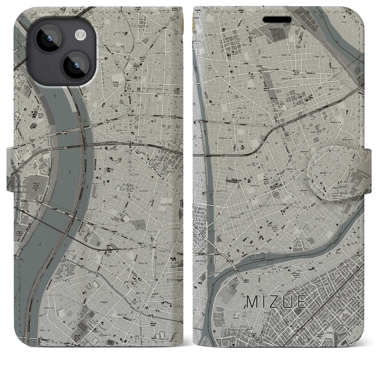 【瑞江(東京都)】地図柄iPhoneケース(手帳タイプ)モノトーン・iPhone 14 Plus 用