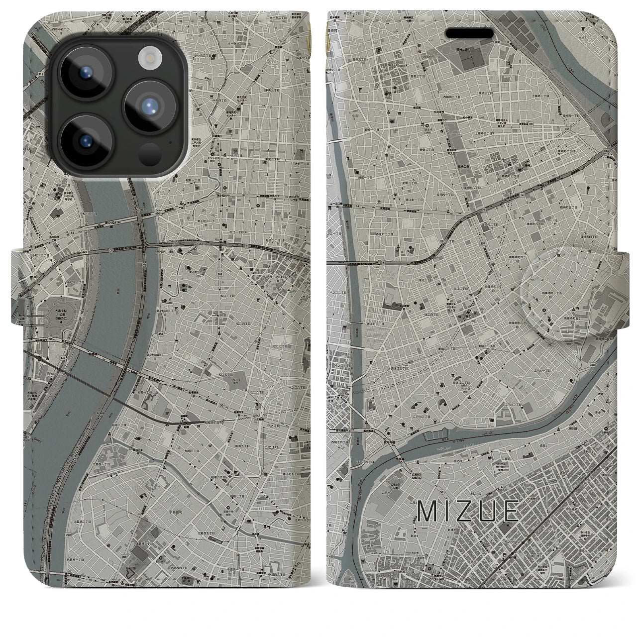 【瑞江(東京都)】地図柄iPhoneケース(手帳タイプ)モノトーン・iPhone 15 Pro Max 用