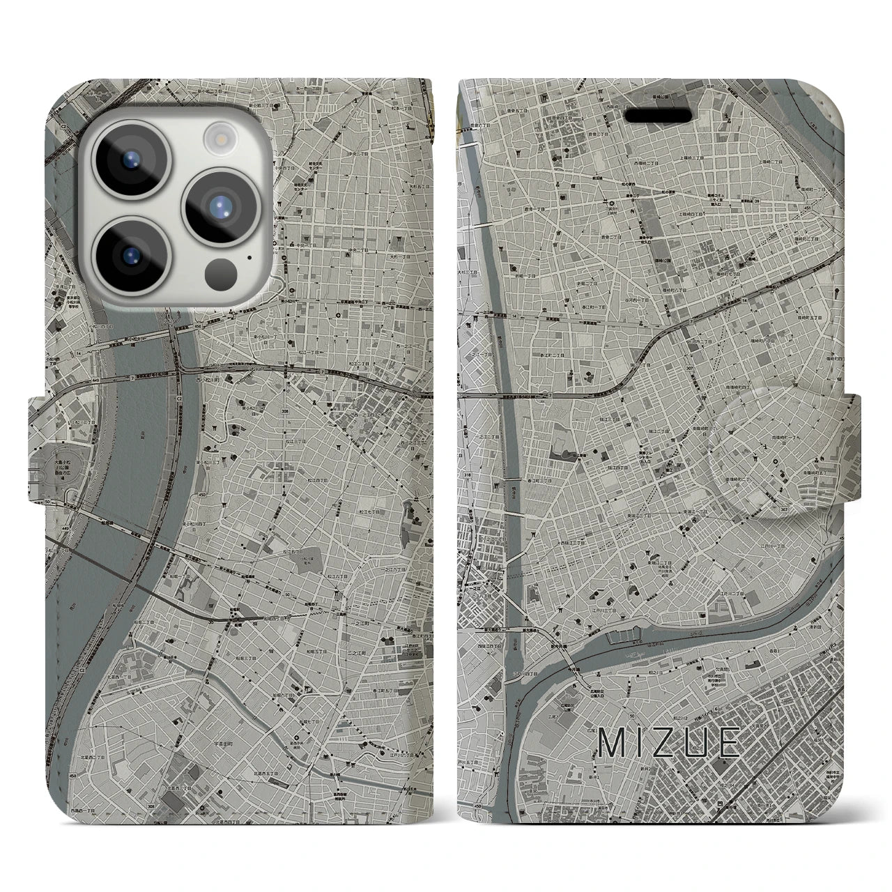 【瑞江(東京都)】地図柄iPhoneケース(手帳タイプ)モノトーン・iPhone 15 Pro 用