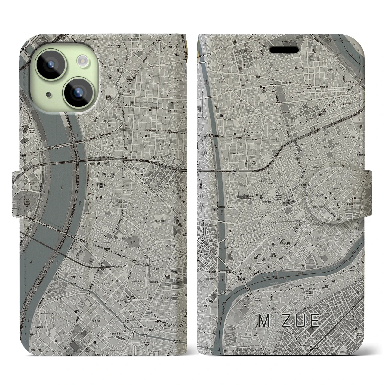 【瑞江(東京都)】地図柄iPhoneケース(手帳タイプ)モノトーン・iPhone 15 用