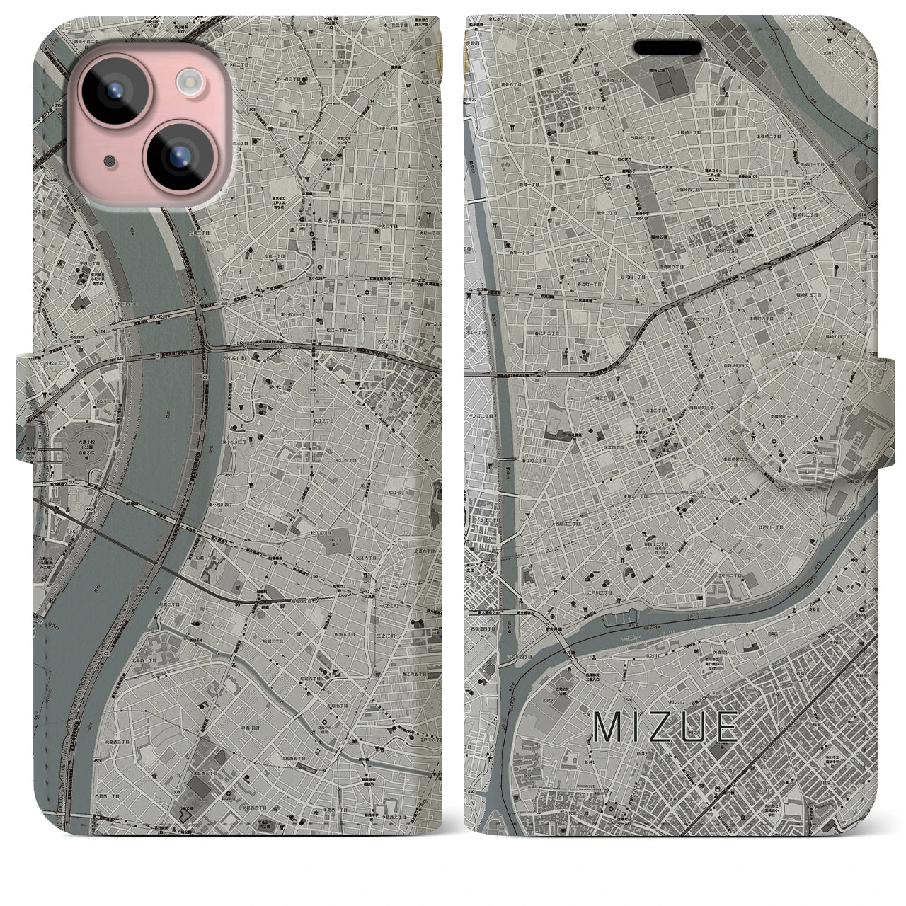 【瑞江(東京都)】地図柄iPhoneケース(手帳タイプ)モノトーン・iPhone 15 Plus 用