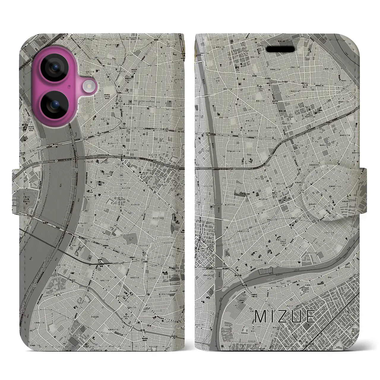 【瑞江(東京都)】地図柄iPhoneケース(手帳タイプ)モノトーン・iPhone 16 Pro 用