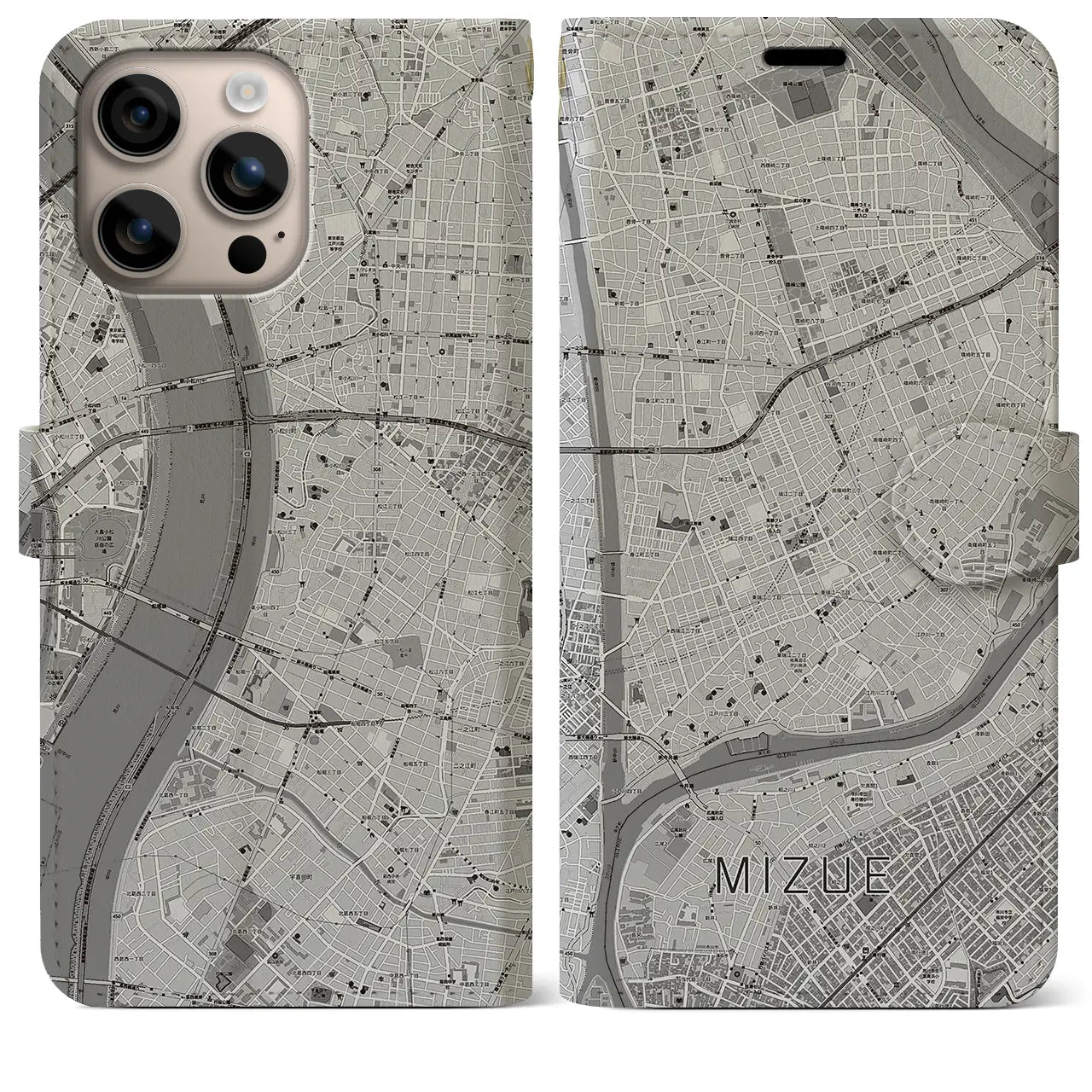 【瑞江(東京都)】地図柄iPhoneケース(手帳タイプ)モノトーン・iPhone 16 Plus 用