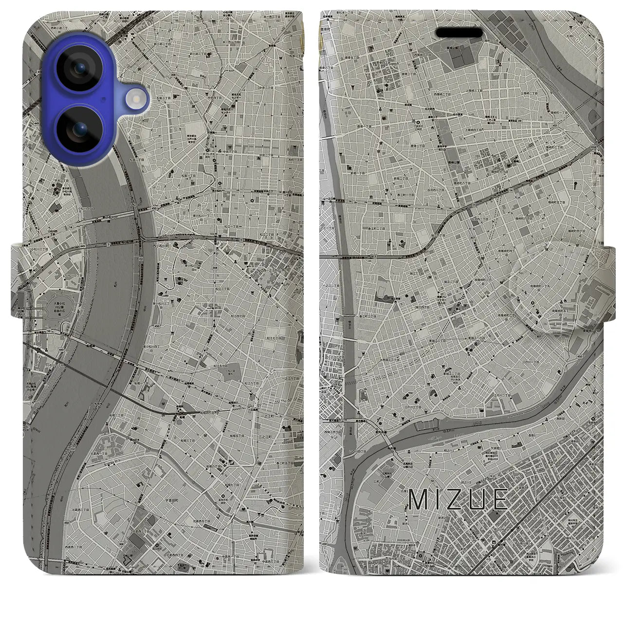 【瑞江(東京都)】地図柄iPhoneケース(手帳タイプ)モノトーン・iPhone 16 Pro Max 用