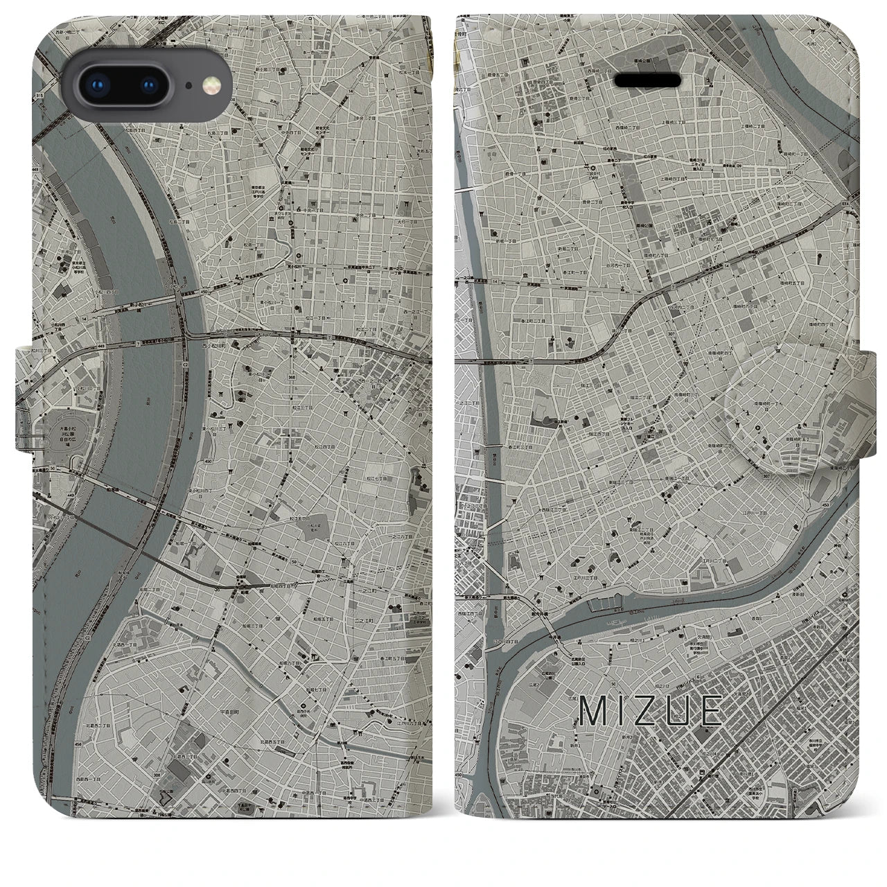 【瑞江(東京都)】地図柄iPhoneケース(手帳タイプ)モノトーン・iPhone 8Plus /7Plus / 6sPlus / 6Plus 用