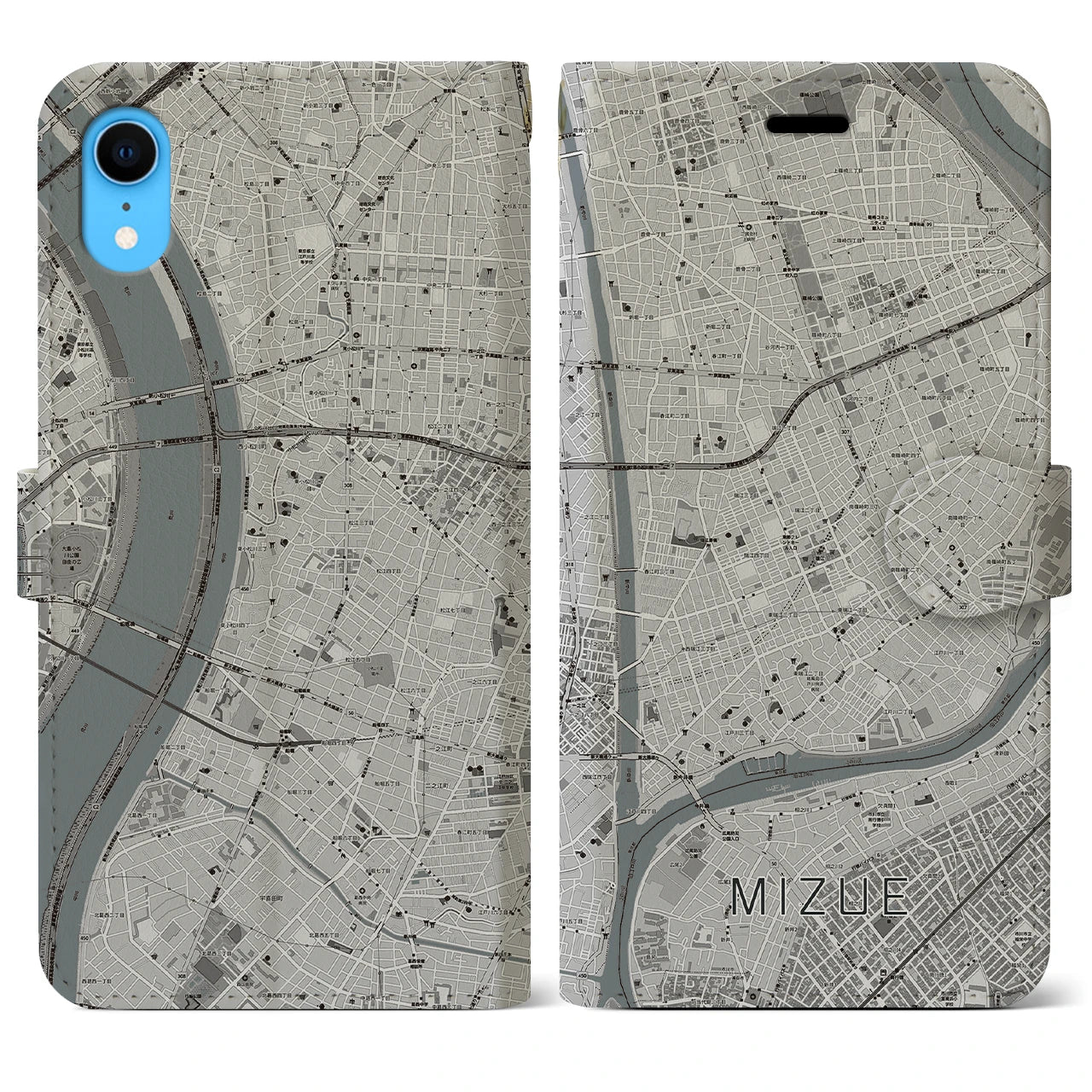 【瑞江(東京都)】地図柄iPhoneケース(手帳タイプ)モノトーン・iPhone XR 用