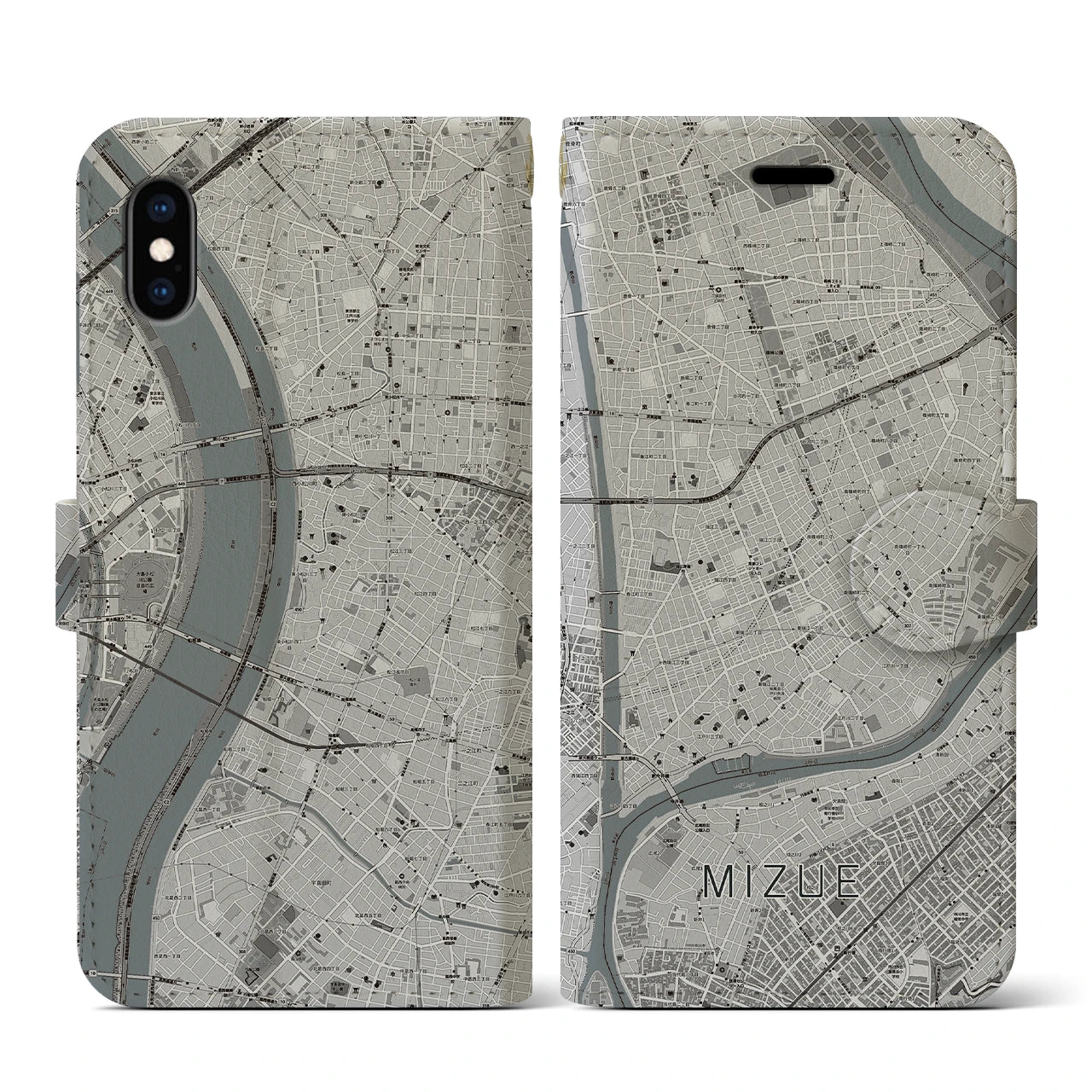 【瑞江(東京都)】地図柄iPhoneケース(手帳タイプ)モノトーン・iPhone XS / X 用