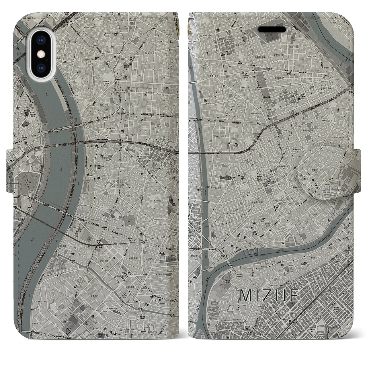 【瑞江(東京都)】地図柄iPhoneケース(手帳タイプ)モノトーン・iPhone XS Max 用