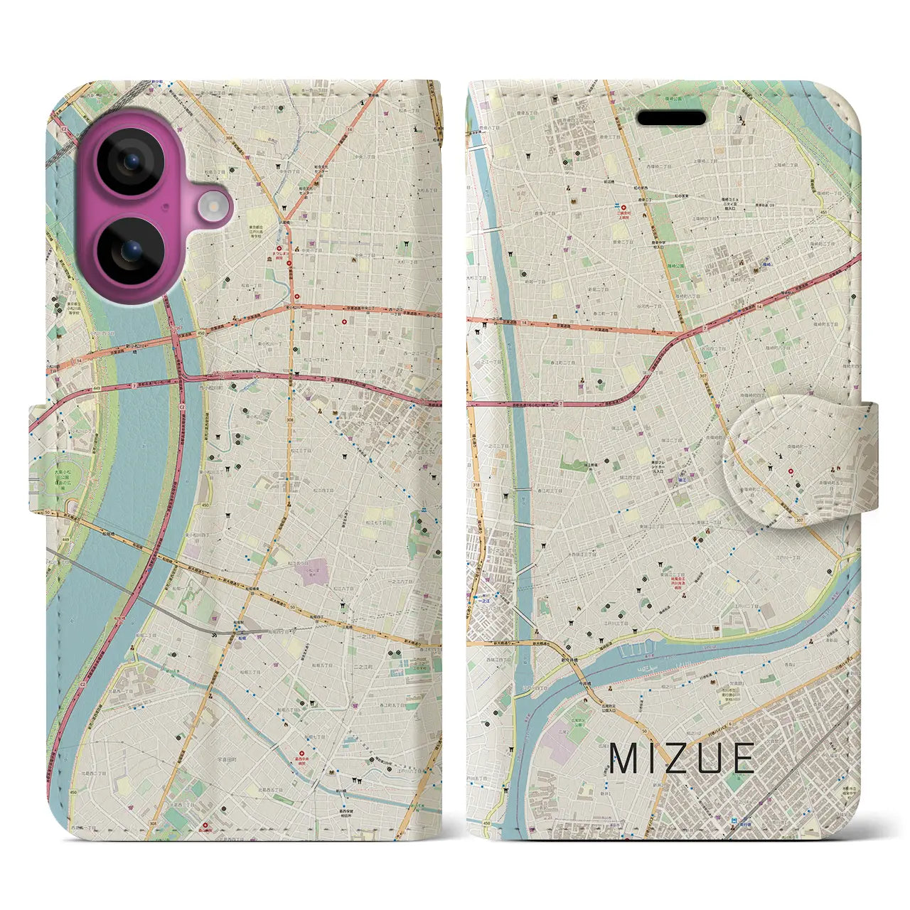 【瑞江(東京都)】地図柄iPhoneケース(手帳タイプ)ナチュラル・iPhone 16 Pro 用
