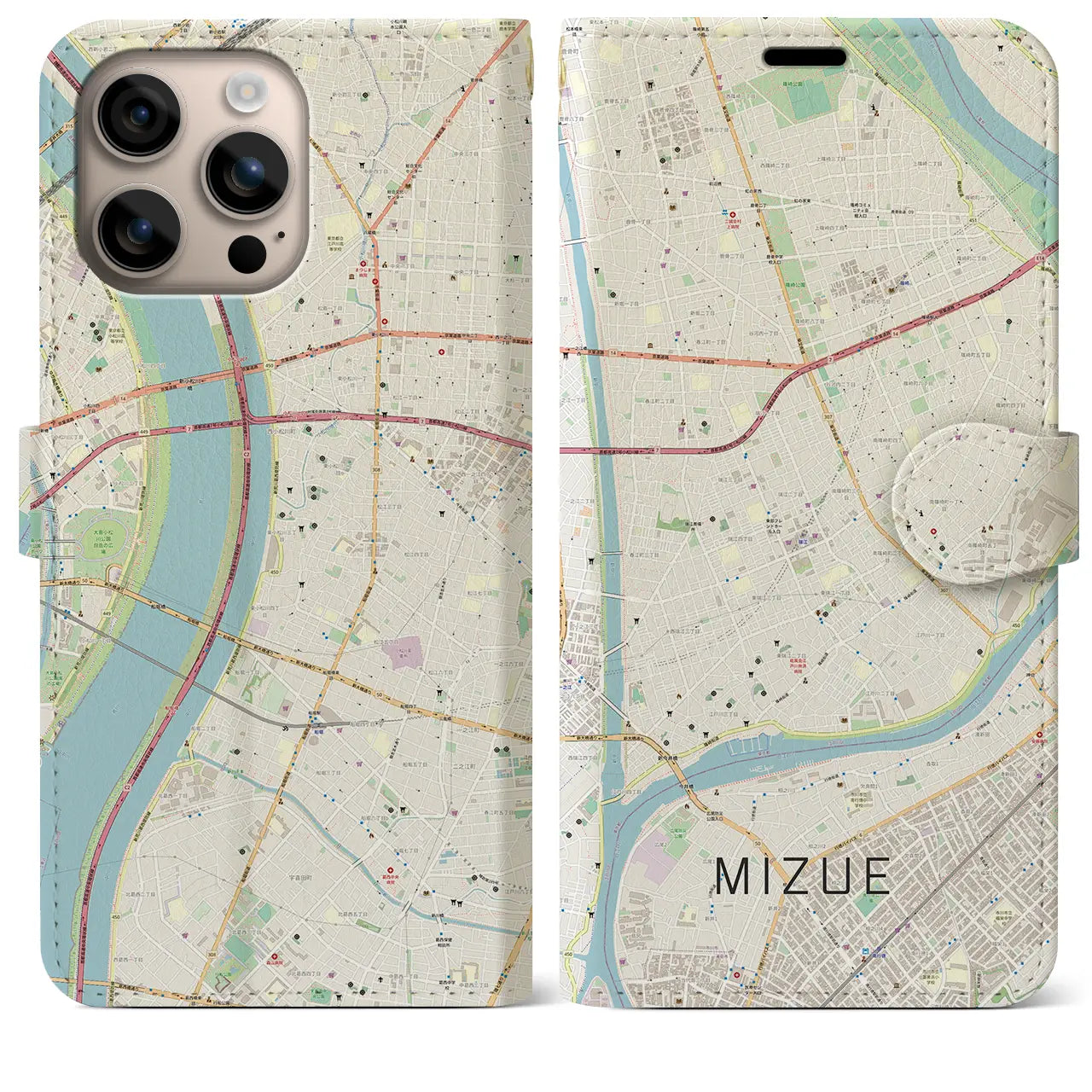【瑞江(東京都)】地図柄iPhoneケース(手帳タイプ)ナチュラル・iPhone 16 Plus 用