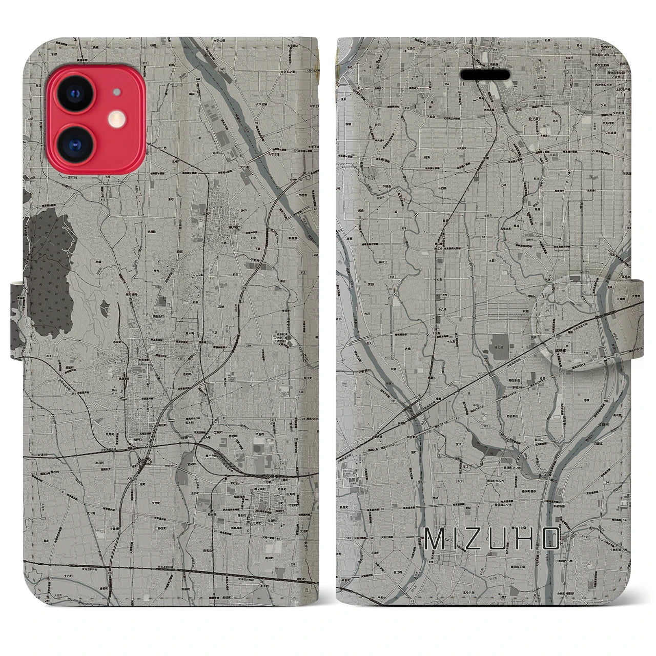 【瑞穂(岐阜県)】地図柄iPhoneケース(手帳タイプ)モノトーン・iPhone 11 用