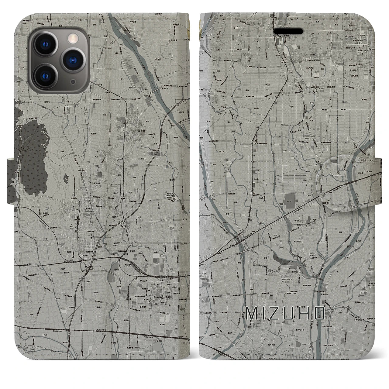 【瑞穂(岐阜県)】地図柄iPhoneケース(手帳タイプ)モノトーン・iPhone 11 Pro Max 用