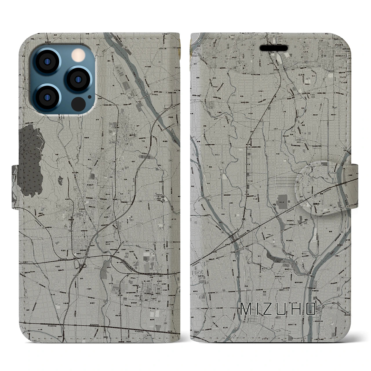 【瑞穂(岐阜県)】地図柄iPhoneケース(手帳タイプ)モノトーン・iPhone 12 / 12 Pro 用