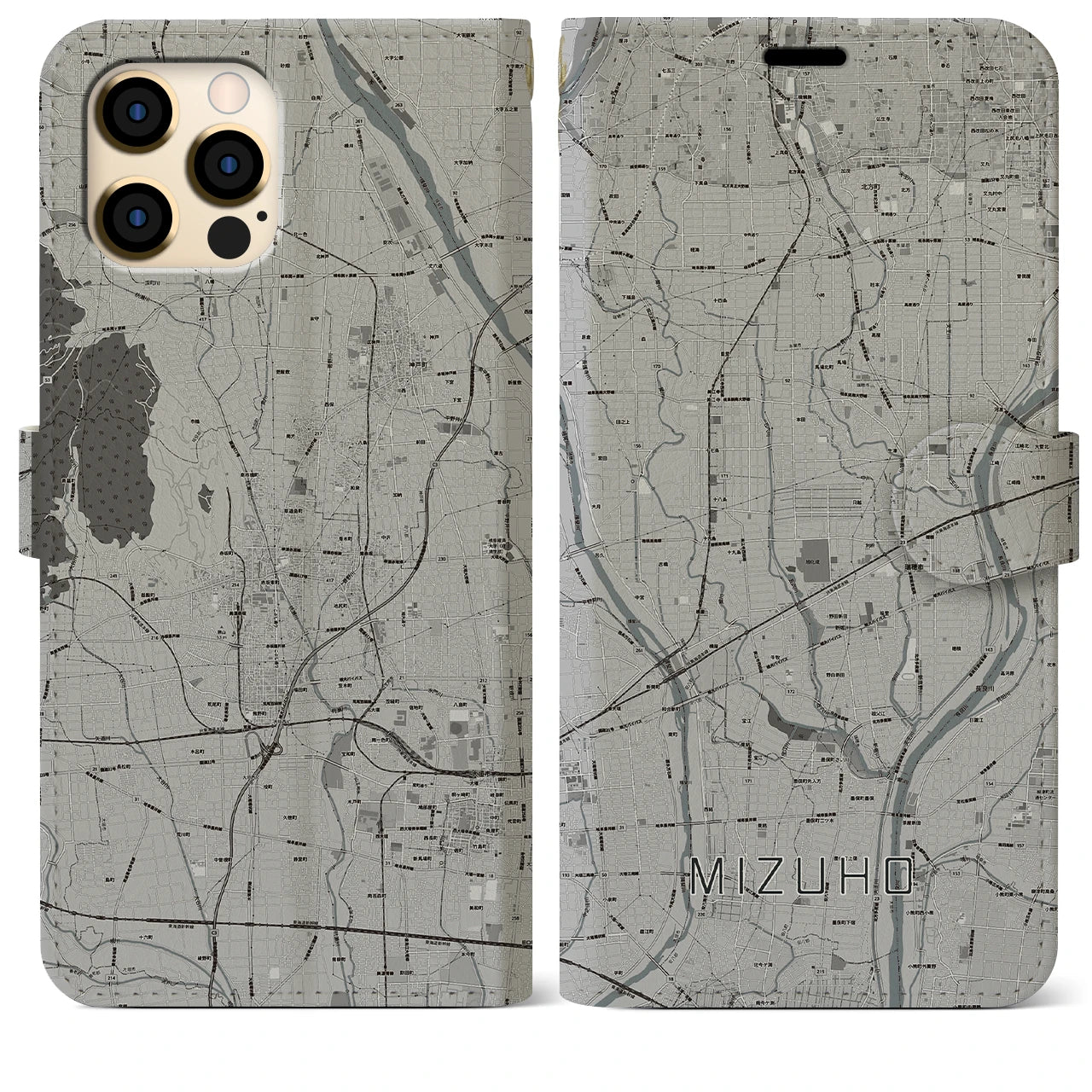 【瑞穂(岐阜県)】地図柄iPhoneケース(手帳タイプ)モノトーン・iPhone 12 Pro Max 用
