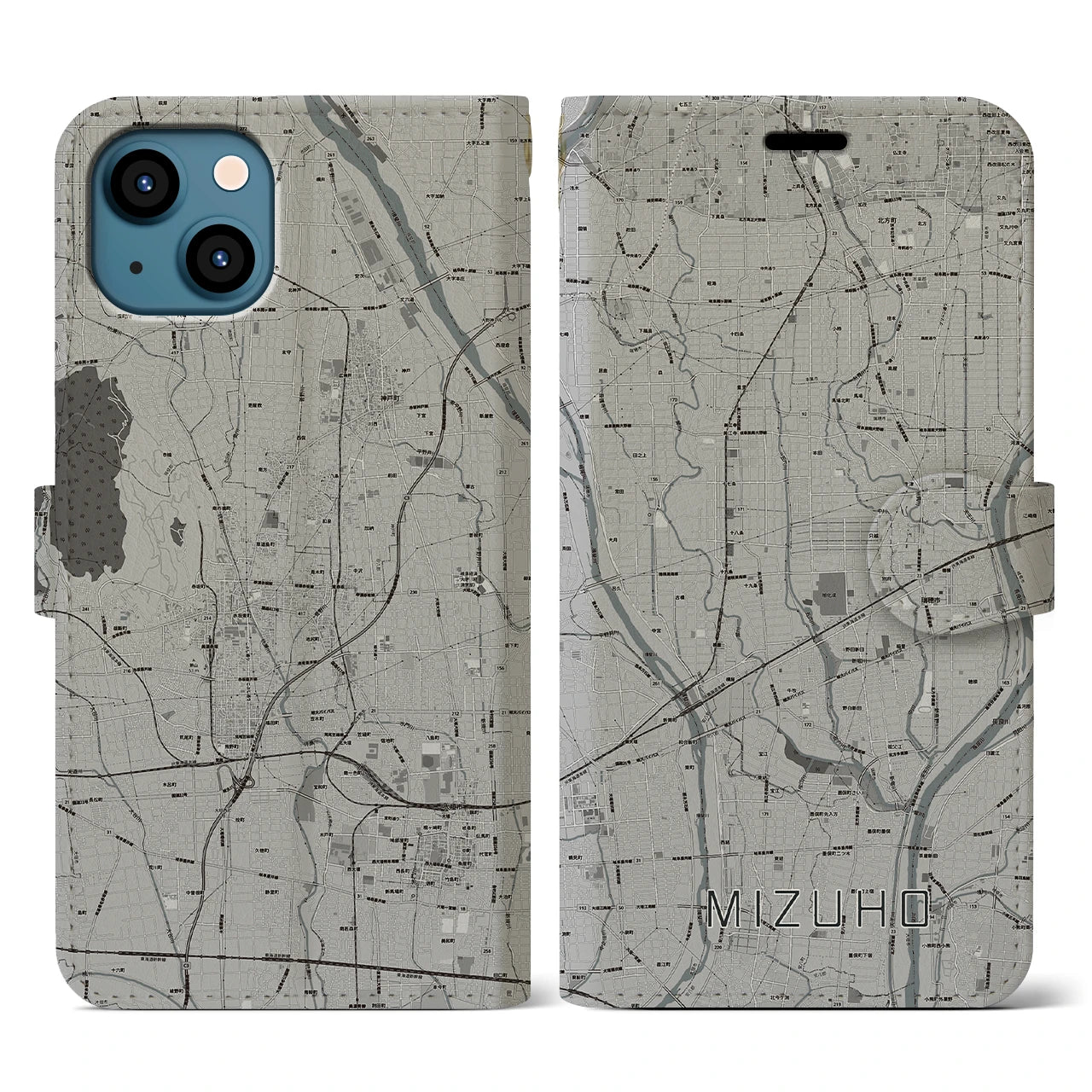 【瑞穂(岐阜県)】地図柄iPhoneケース(手帳タイプ)モノトーン・iPhone 13 用