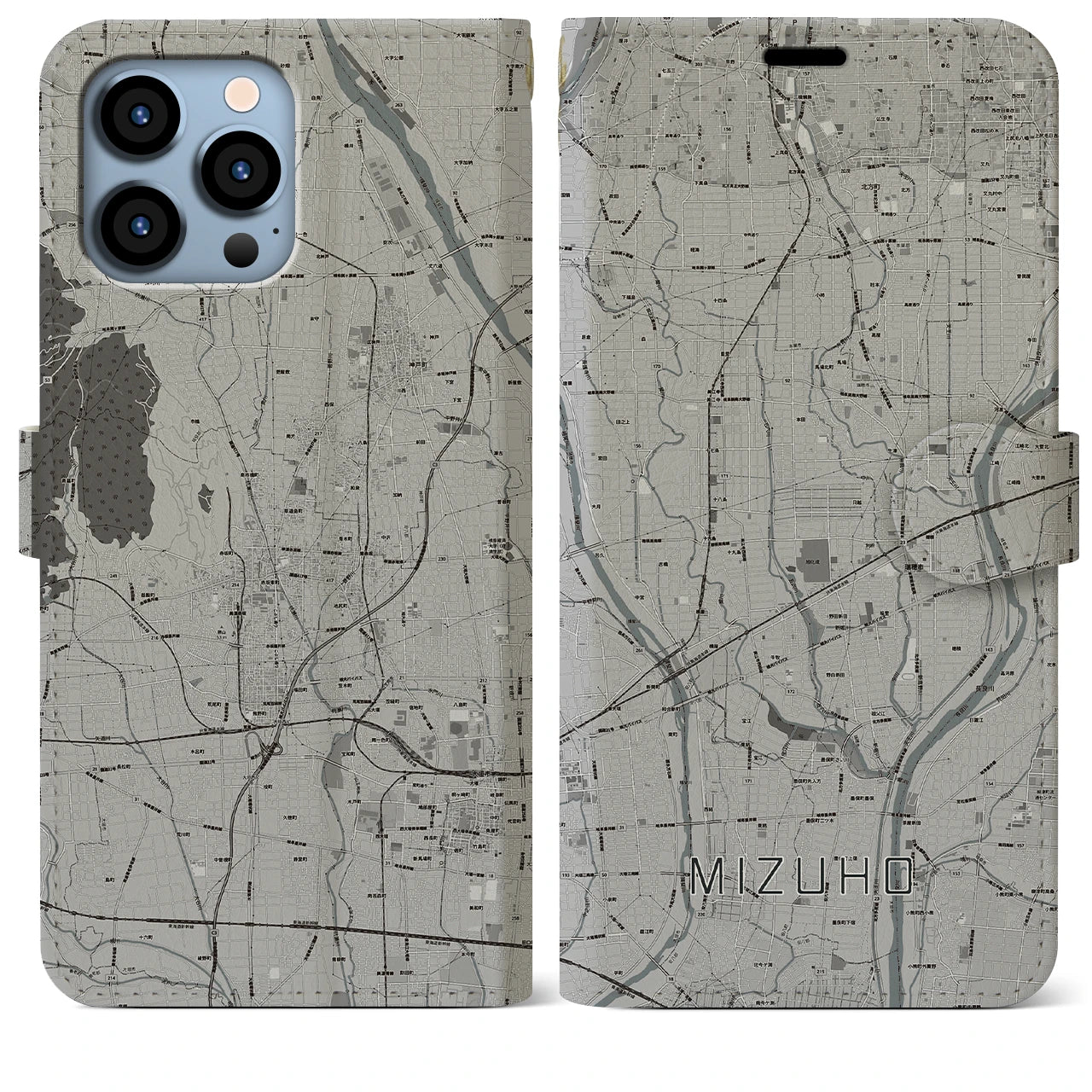 【瑞穂(岐阜県)】地図柄iPhoneケース(手帳タイプ)モノトーン・iPhone 13 Pro Max 用