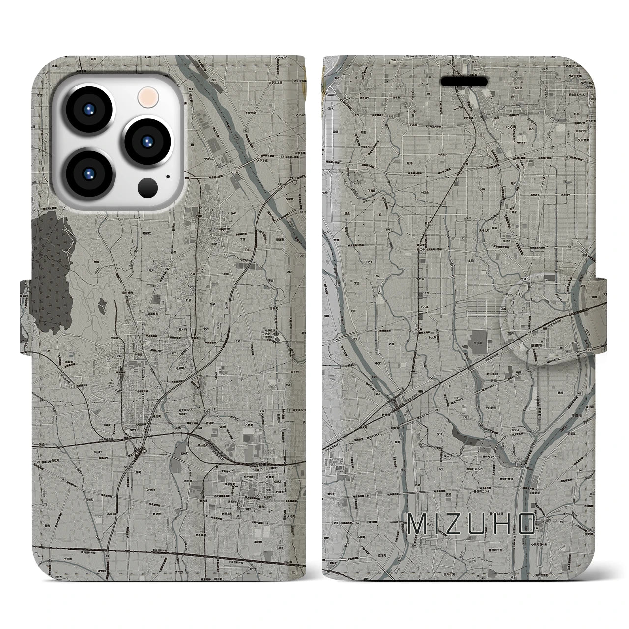 【瑞穂(岐阜県)】地図柄iPhoneケース(手帳タイプ)モノトーン・iPhone 13 Pro 用