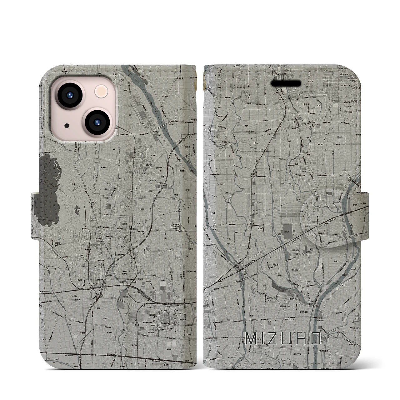 【瑞穂(岐阜県)】地図柄iPhoneケース(手帳タイプ)モノトーン・iPhone 13 mini 用