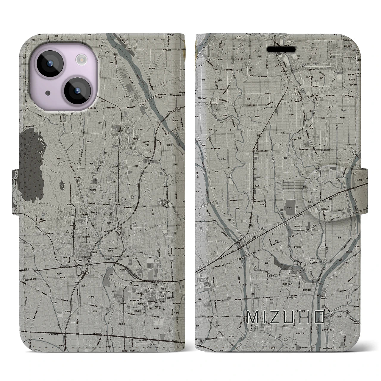 【瑞穂(岐阜県)】地図柄iPhoneケース(手帳タイプ)モノトーン・iPhone 14 用