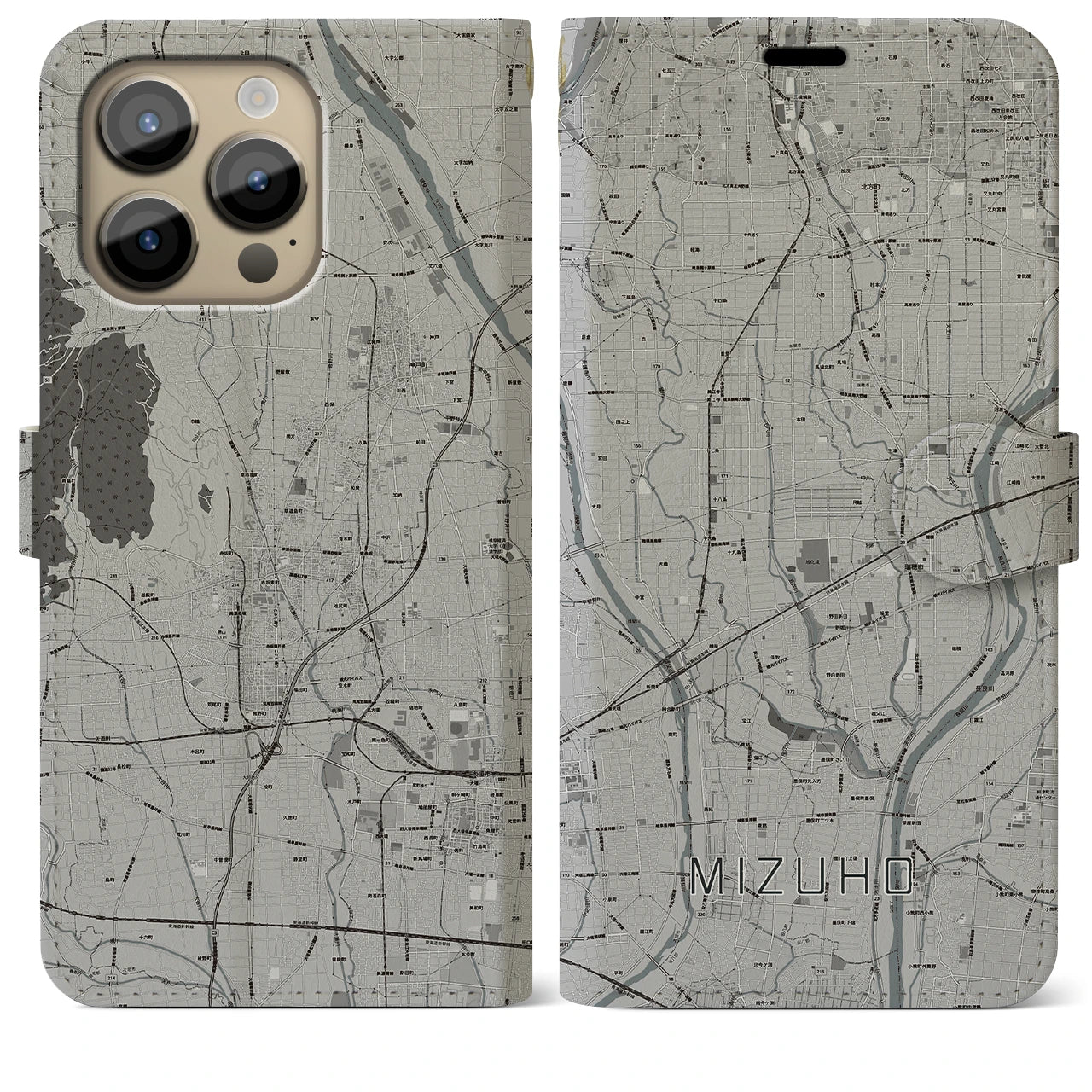 【瑞穂(岐阜県)】地図柄iPhoneケース(手帳タイプ)モノトーン・iPhone 14 Pro Max 用