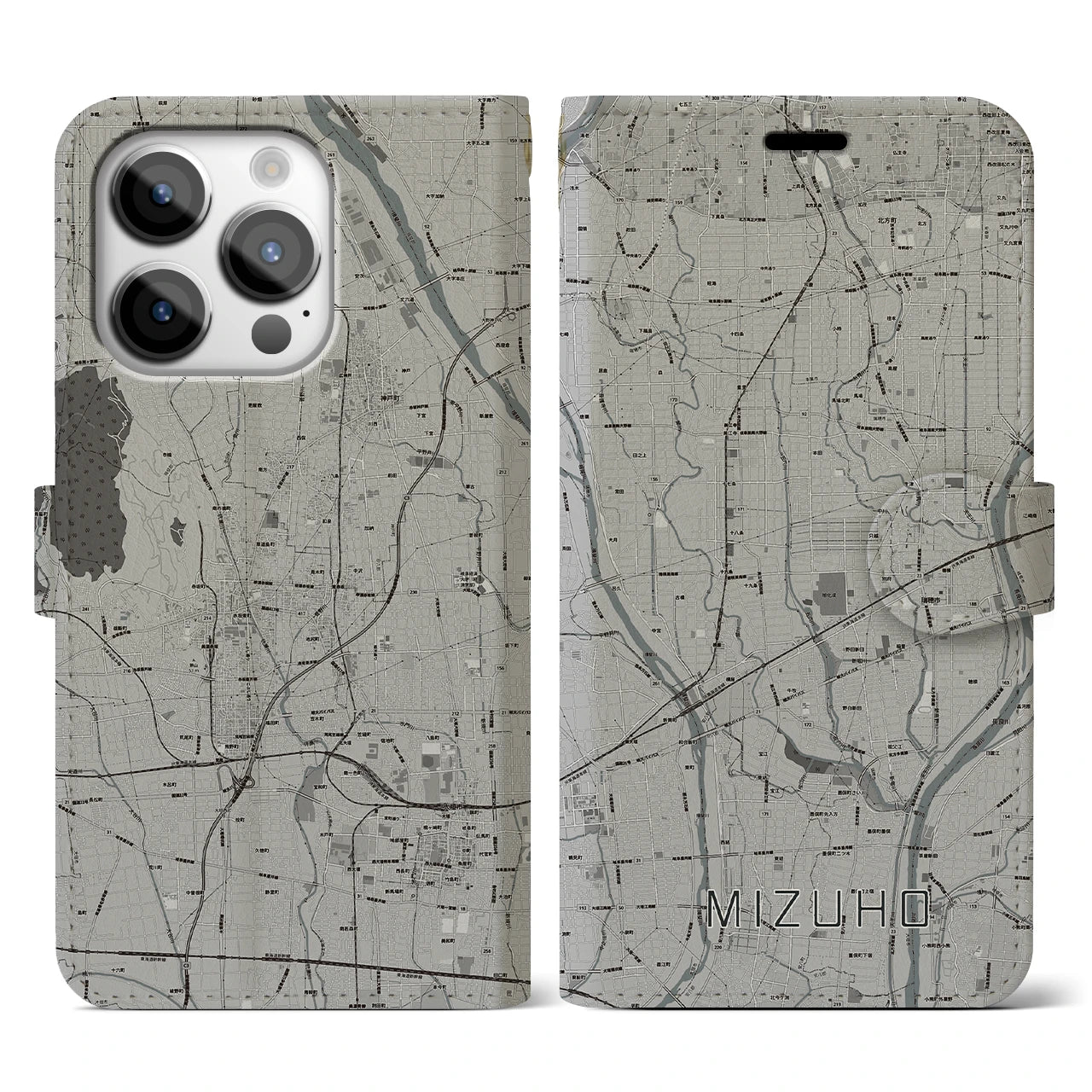 【瑞穂(岐阜県)】地図柄iPhoneケース(手帳タイプ)モノトーン・iPhone 14 Pro 用