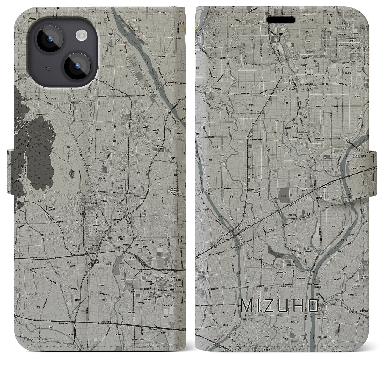 【瑞穂(岐阜県)】地図柄iPhoneケース(手帳タイプ)モノトーン・iPhone 14 Plus 用