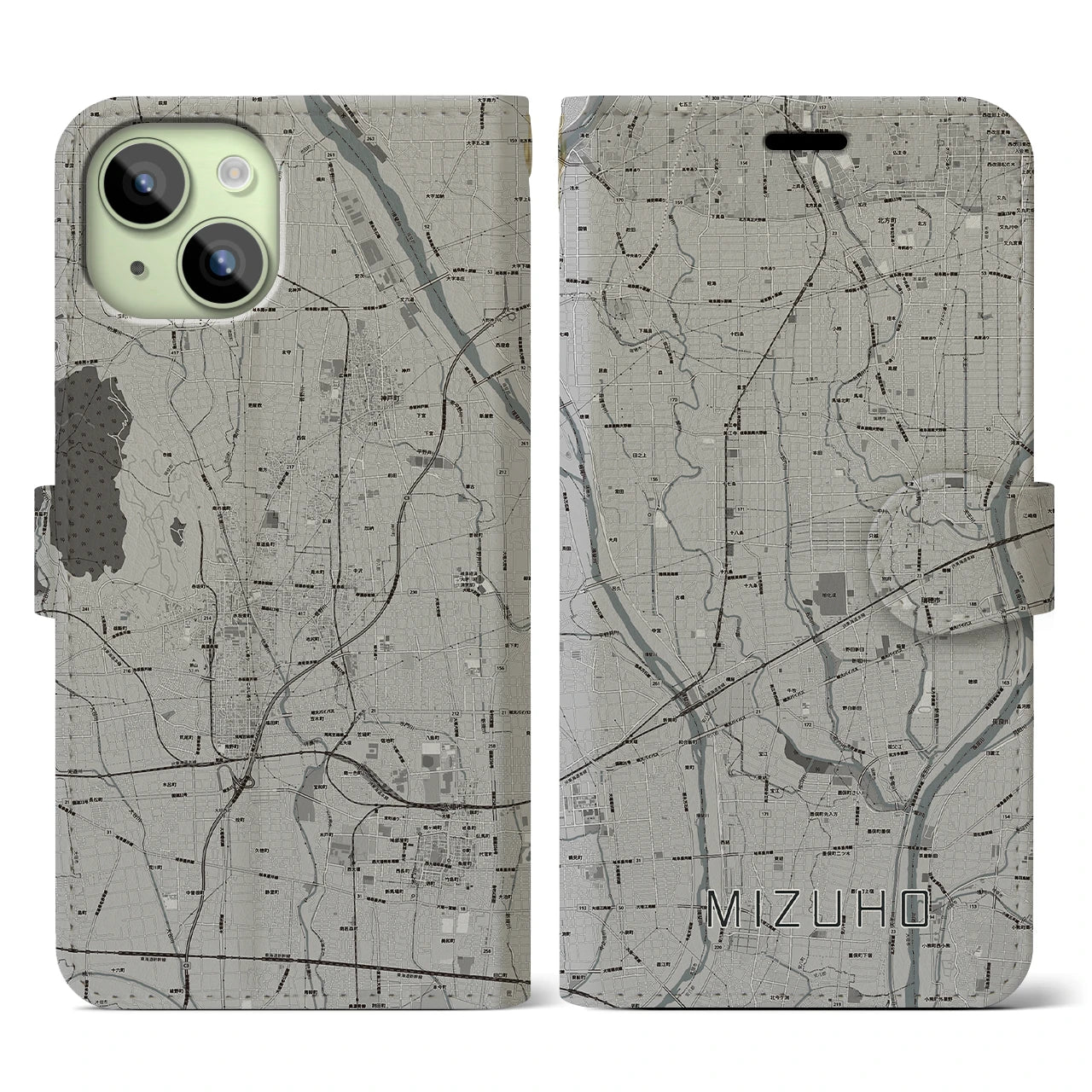 【瑞穂(岐阜県)】地図柄iPhoneケース(手帳タイプ)モノトーン・iPhone 15 用