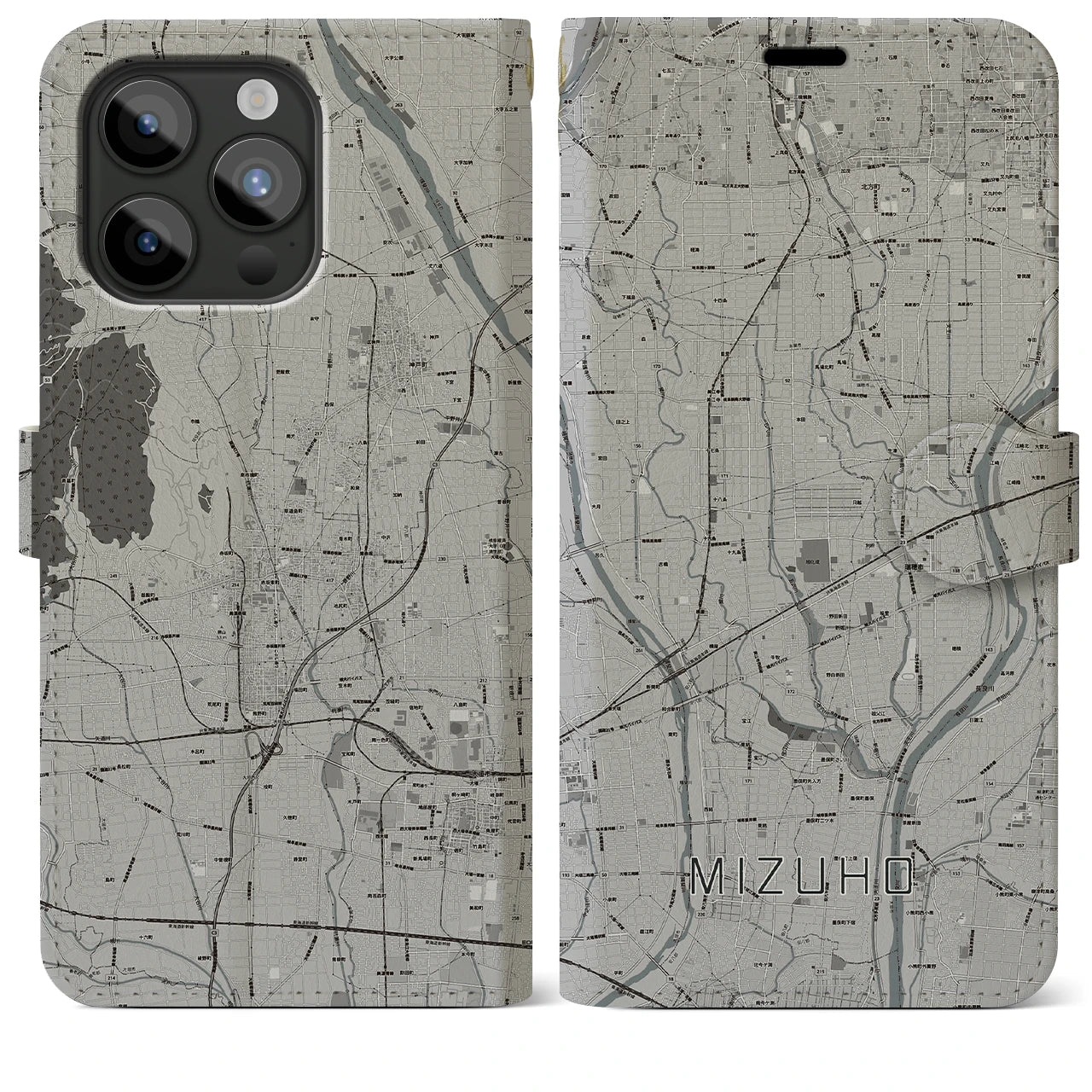 【瑞穂(岐阜県)】地図柄iPhoneケース(手帳タイプ)モノトーン・iPhone 15 Pro Max 用