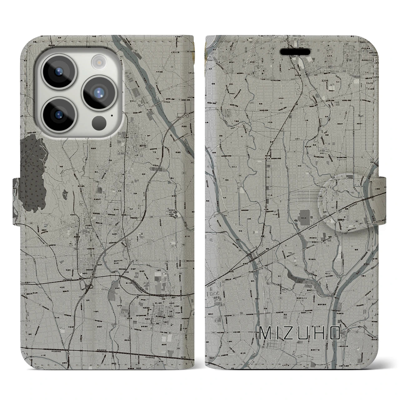 【瑞穂(岐阜県)】地図柄iPhoneケース(手帳タイプ)モノトーン・iPhone 15 Pro 用