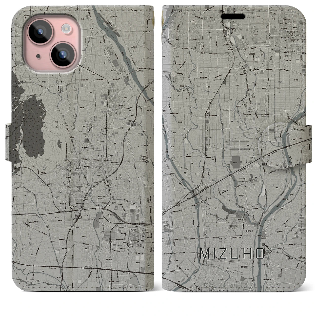 【瑞穂(岐阜県)】地図柄iPhoneケース(手帳タイプ)モノトーン・iPhone 15 Plus 用