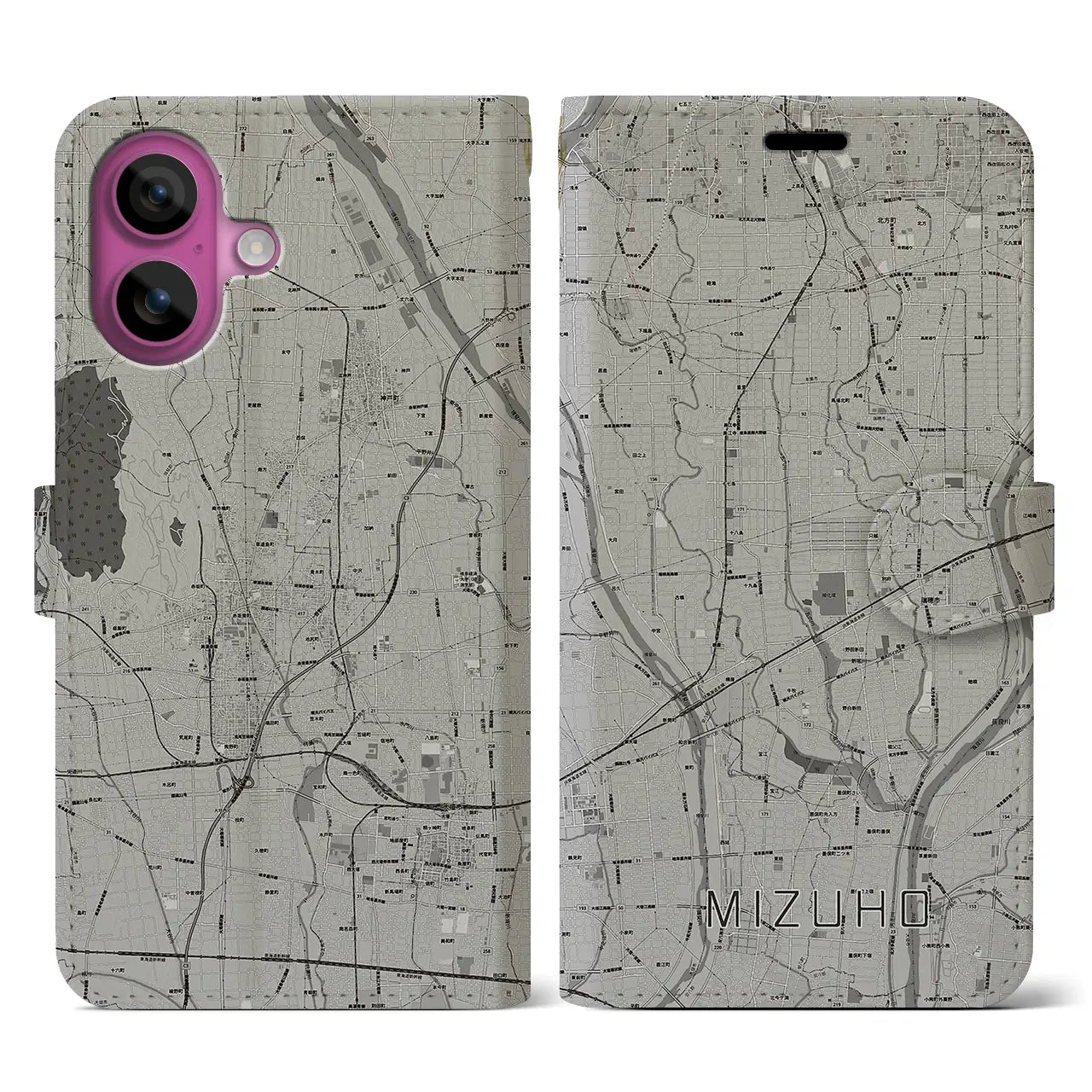 【瑞穂(岐阜県)】地図柄iPhoneケース(手帳タイプ)モノトーン・iPhone 16 Pro 用