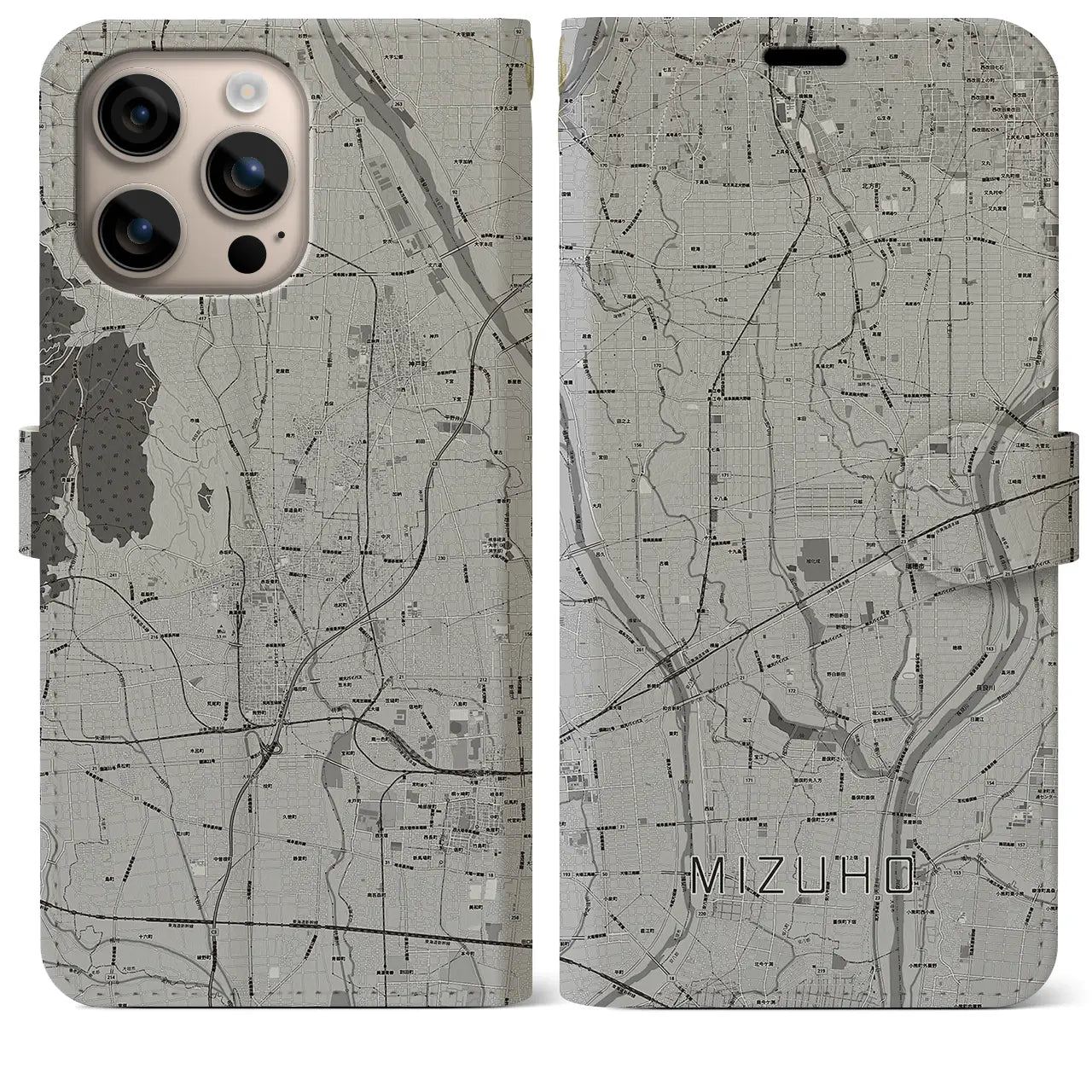 【瑞穂(岐阜県)】地図柄iPhoneケース(手帳タイプ)モノトーン・iPhone 16 Plus 用